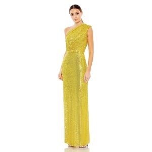 Macduggal Yellow Sequined Ruched One Shoulder Gown 26694